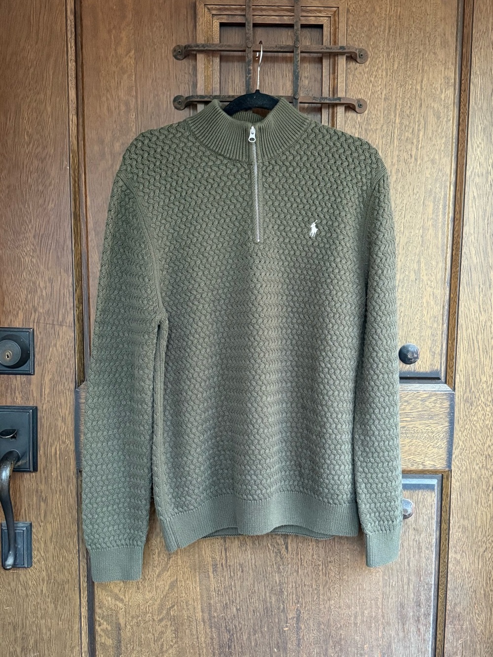 Ralph Lauren Olive Green Zip-Neck Textured Knit Sweater Size S